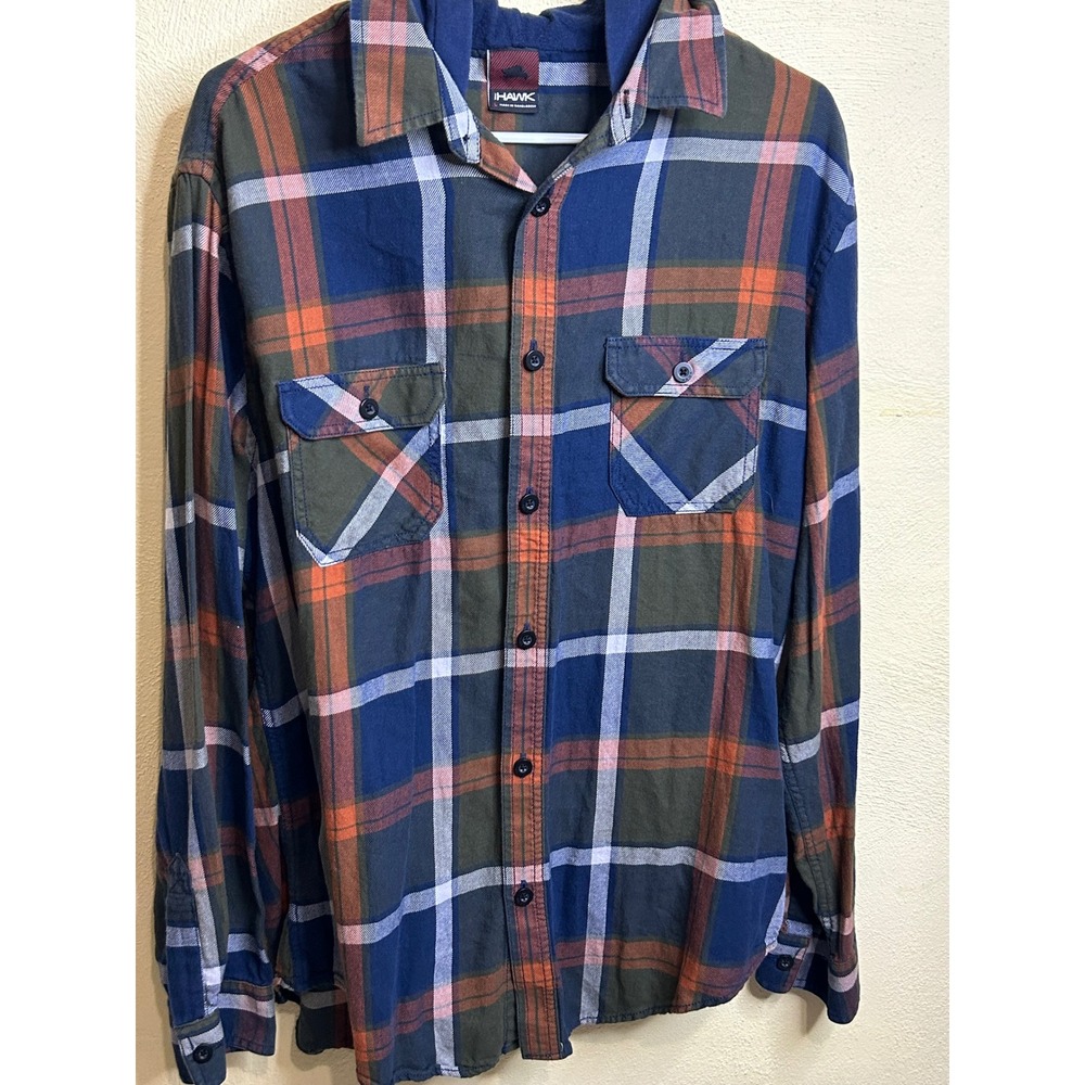 Hawk Plaid Hooded Flannel Shirt Men Blue Orange Green Long Sleeve Button Up‎ L